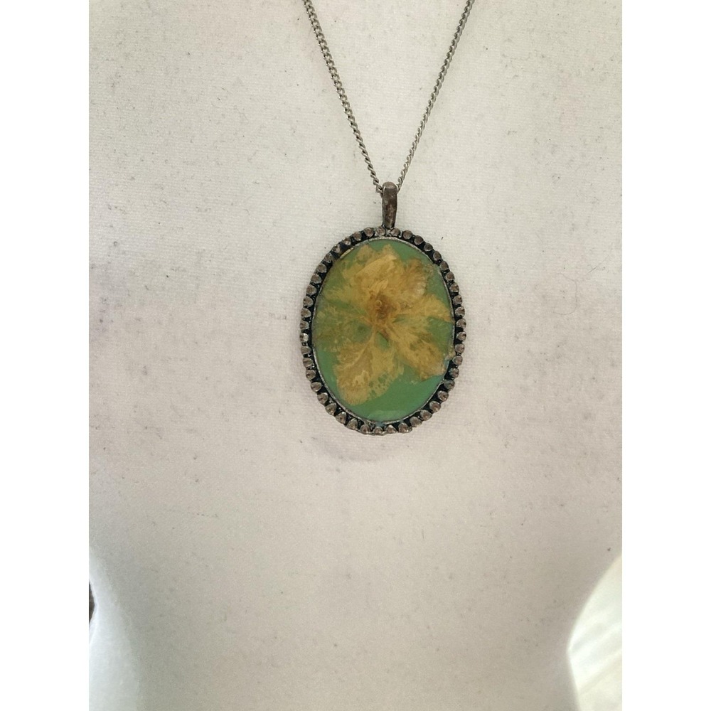 Vintage Floral Pendant Necklace Oval Teal & Yellow Flower Cabochon Silver Tone